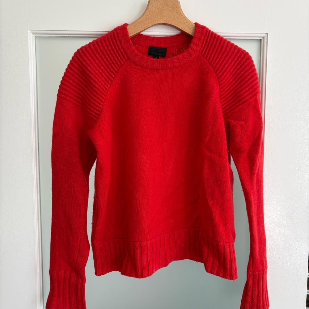 J. Crew Vibrant Red Cashmere Sweater with Ribber Shoulders